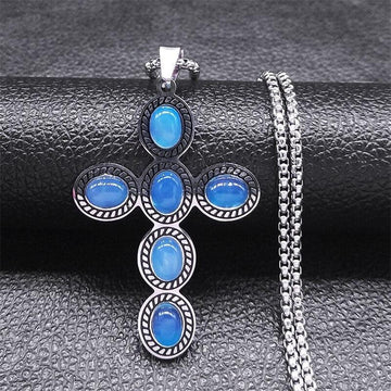 Bohemian Cross Pendant Necklace Stainless Steel Natural Stone Simple Chain Christian Necklaces Gift Jewellery - The Jewellery Supermarket